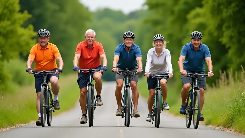 Grupa senioru smaidošu personu, stāvot ar bicikliem uz lauku ceļa, zaļas ainavas fons