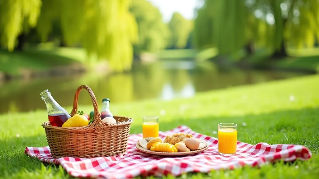 Piknika vieta pie Ogres upes ar dzērienem un ēdienu uz rozā paklāja