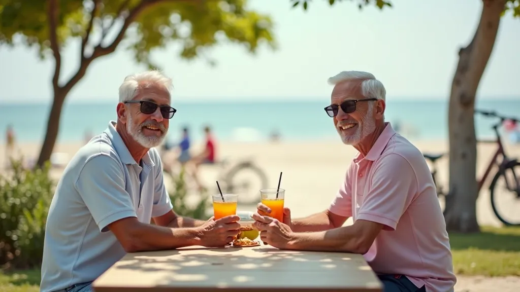Seniori sēž pie piekabes uz smilts pludmales, dzer dzērienus un smaida, velosipēdi blakus