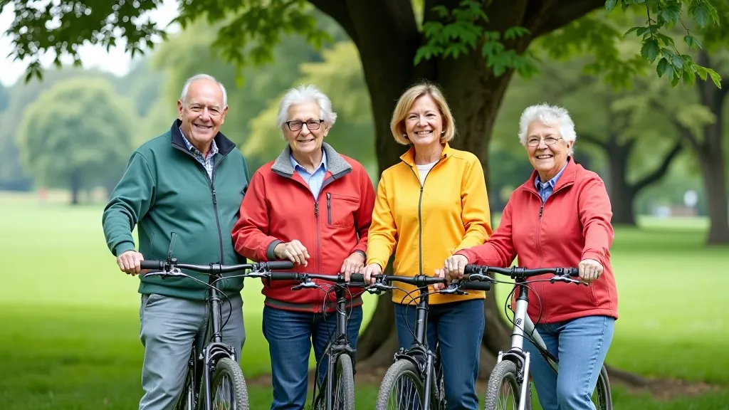 Četri seniori uz velosipēdiem, smaidošie un kopā