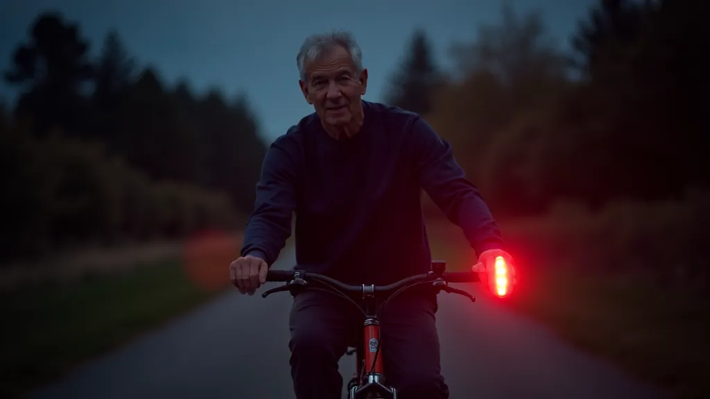 Seniora vīrieša velosipēds ar apgaismojuma sistēmu priekšā un aizmugurē, naktī redzama skaidri